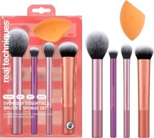 Kit de Pincéis de Maquiagem Real Techniques Everyday Essentials + Esponja (5 Peças)